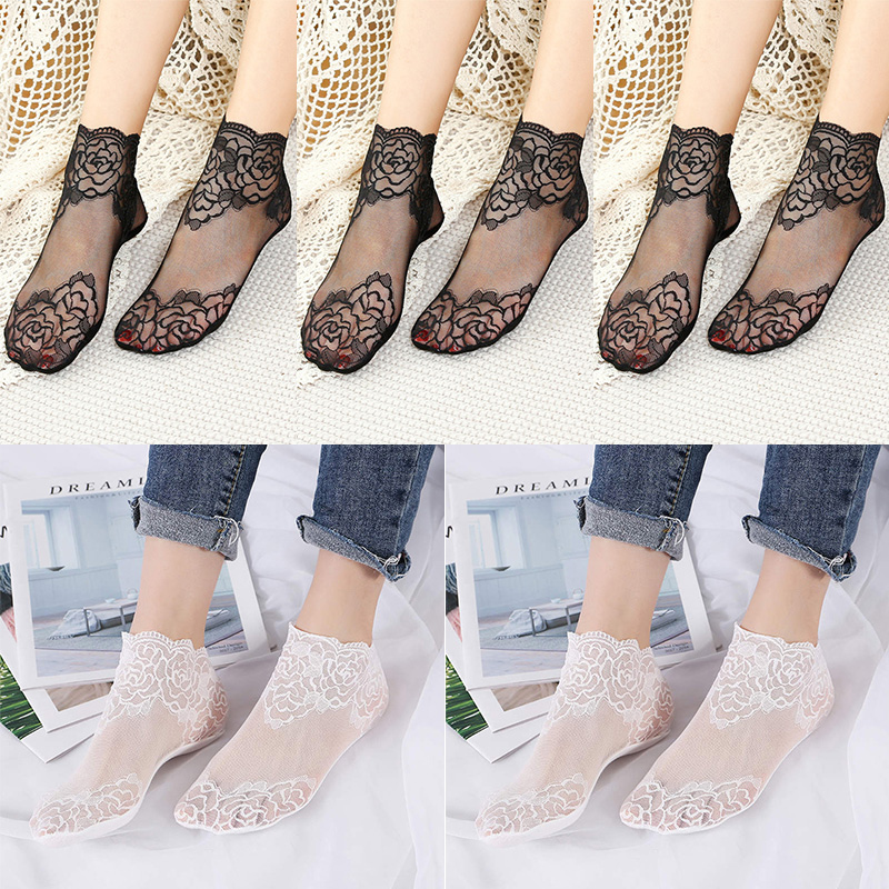 calcetines mujer calcetines tobilleros mujer calcetines invisibles mujer verano Lolita-Calcetines invisibles de encaje para mujer, medias finas, transparentes, antideslizantes y poco profundas, lote de 5 pares: Verde militar