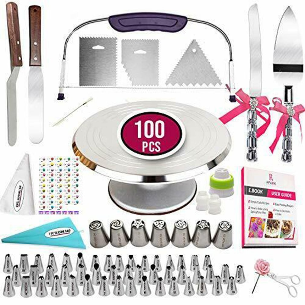 117 pcs Cake decorating kit and aluminum turntable Cake Server Set Multiple sizes Heavy-duty non-slip turntable: Default Title