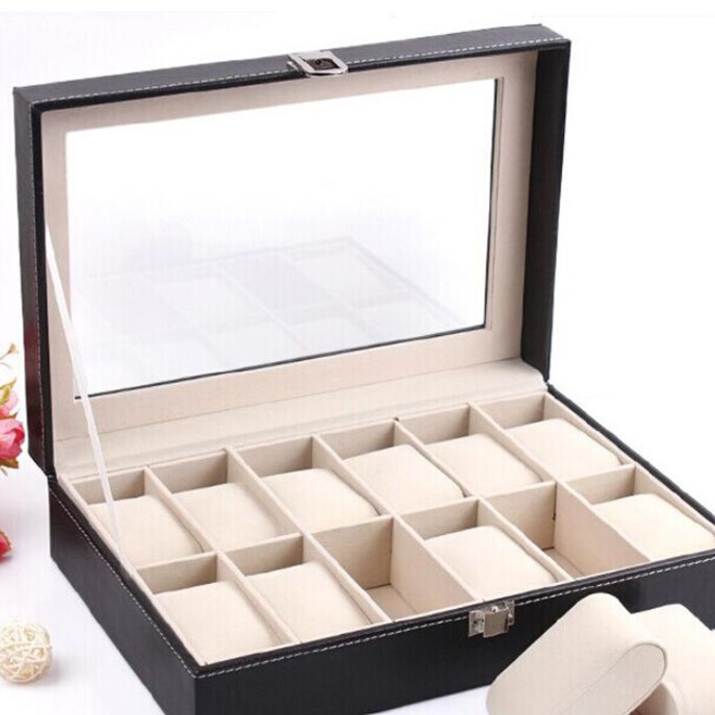 10 Slot Lederen Horloge Doos Glas Top Horloge Sieraden Display Case Organizer Business Horloge Organizer Met Afneembare Kussen