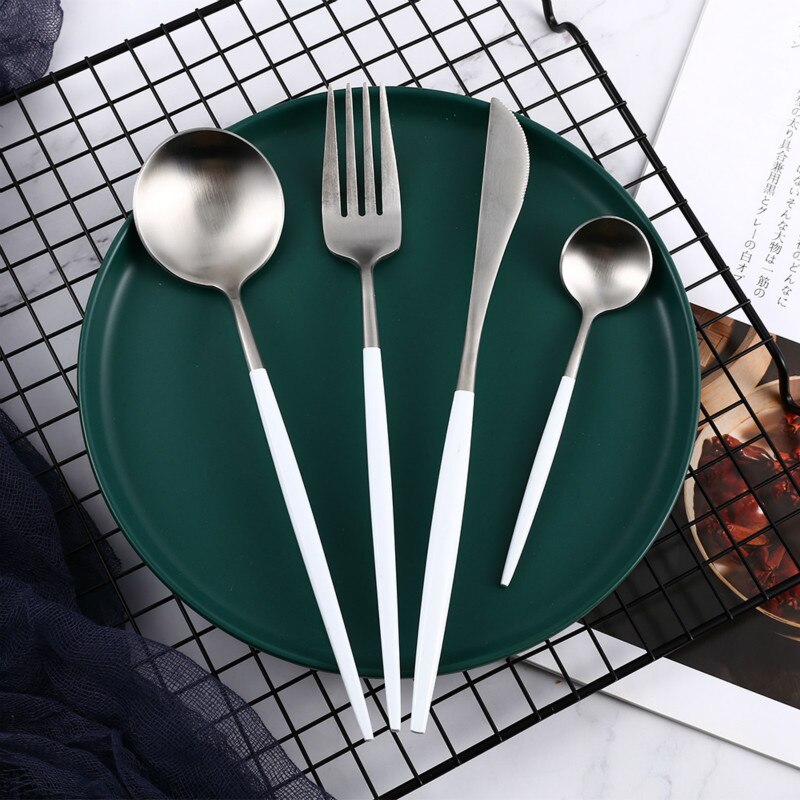 Blanc argent acier inoxydable ensemble de couverts couteau cuillère fourchette cuisine vaisselle Steak couverts maison vaisselle haut de gamme Service de dîner
