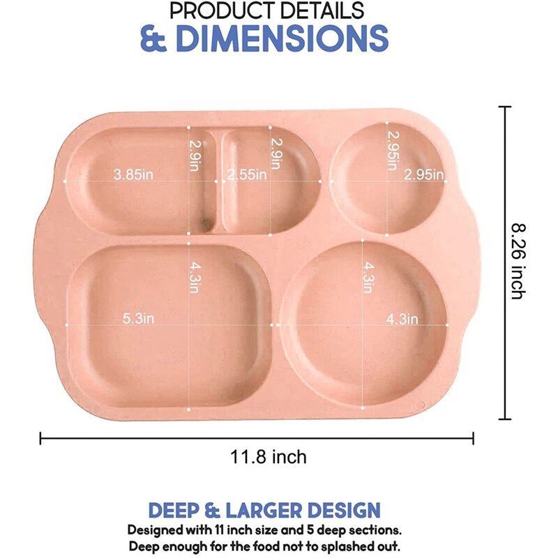 Dinner Plate Set of 4 Split Plates 5 Compartments Plastic Plate Cutlery for Adults Kids Microwave and Dishwasher Safe