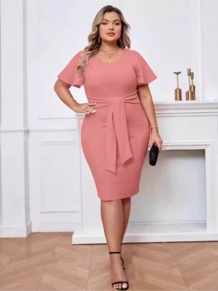 Plus Size Zomer Midi Jurk Vrouwen Roze Elegante Ruche Geplooide Korte Mouw Modis Dames Jurken Slanke Bodycon Vrouw V-hals Jurk