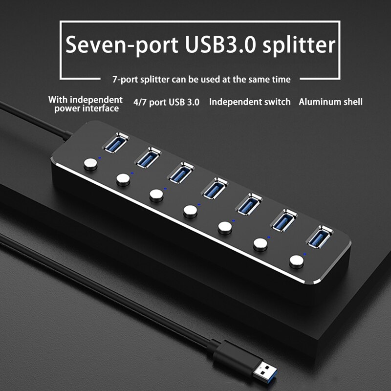 USB Hub 7 Ports USB 3.0 5Gbps Hub Splitter Extender with Independent Power Switch and LED for Laptop PC