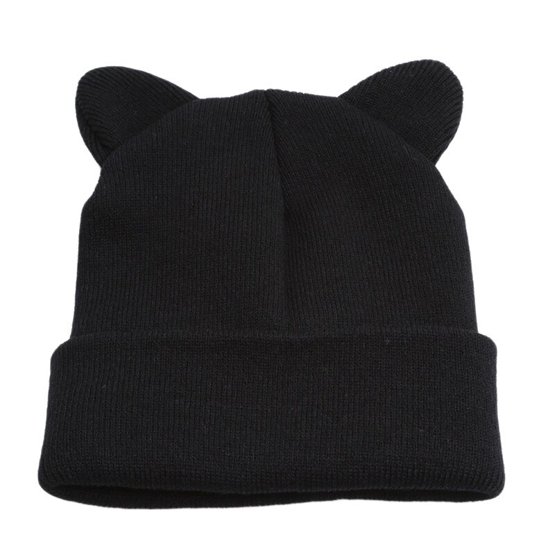Outdoor Running Cat Ears Knitted Hat Lovely Funny Winter Sport Warm Beanie Hat For Women Wool Cap Hat Gray Black: Black