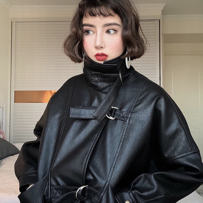 Oversize Women Faux Leather Jacket Batwing Sleeve Moto Biker Coat Short Zipper PU Black Jacket Spring Street Leather Coat PY102