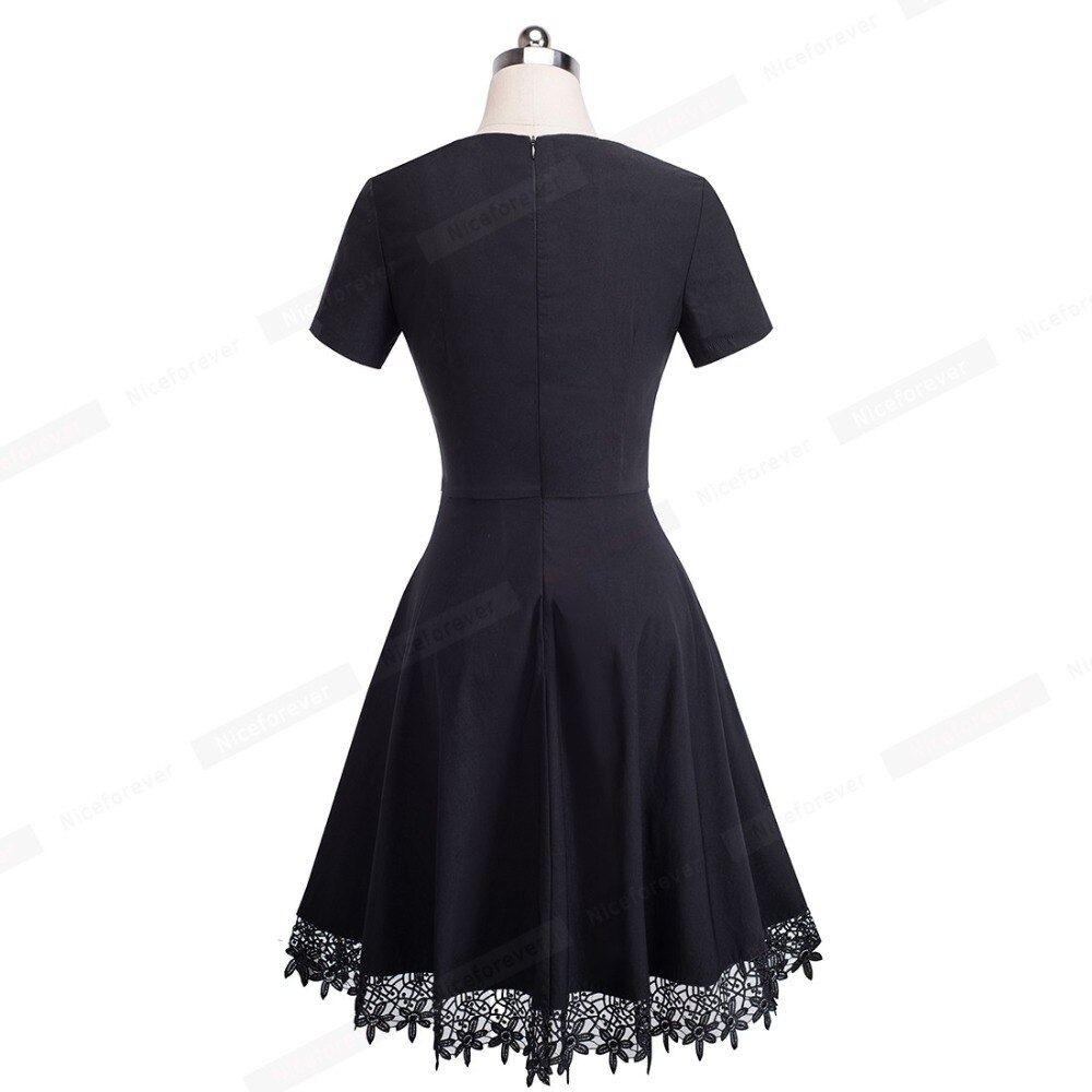 Nice-forever broderi sorte blondekjoler korte ærmer swing flare kvinder kjole btya 032