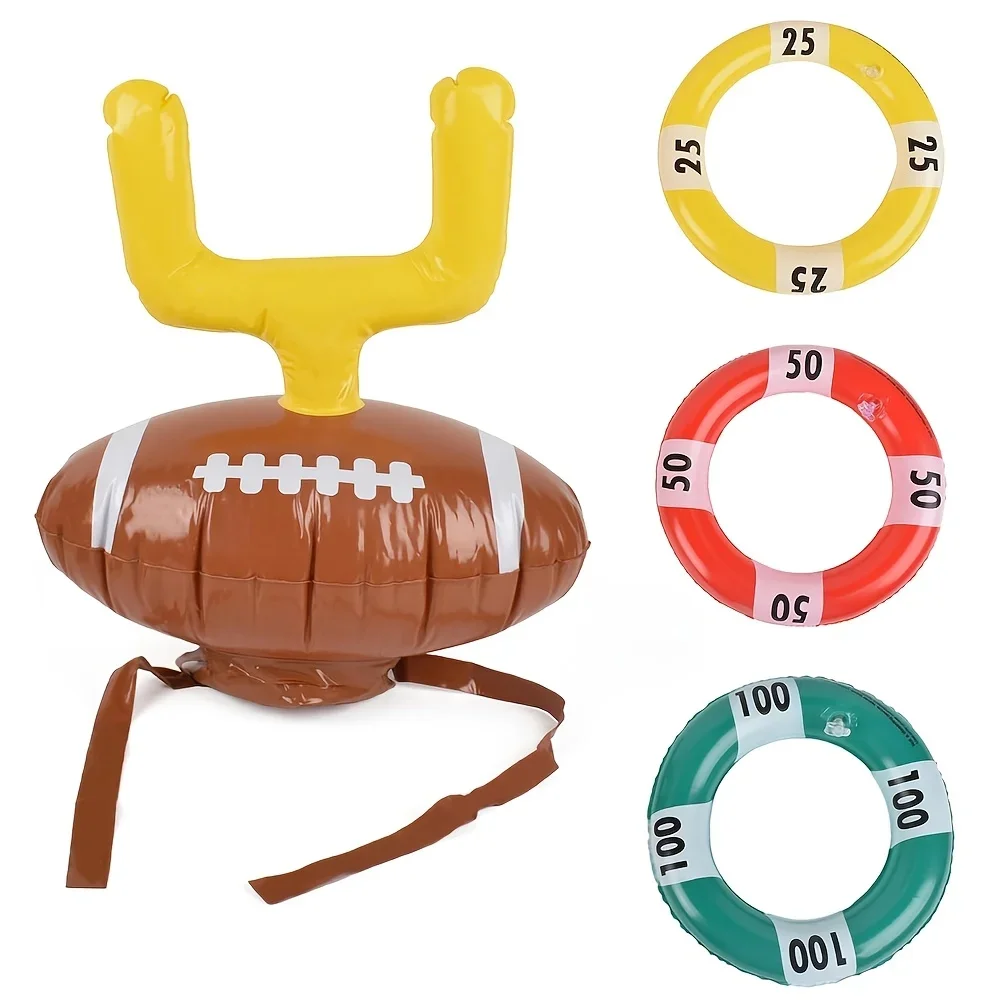 Inflatable Rugby Throw Ring Set, 1 Inflatable Rugby Ball Hat, 3 Inflatable Rings, Party Indoor Outdoor Activity Props, Best for