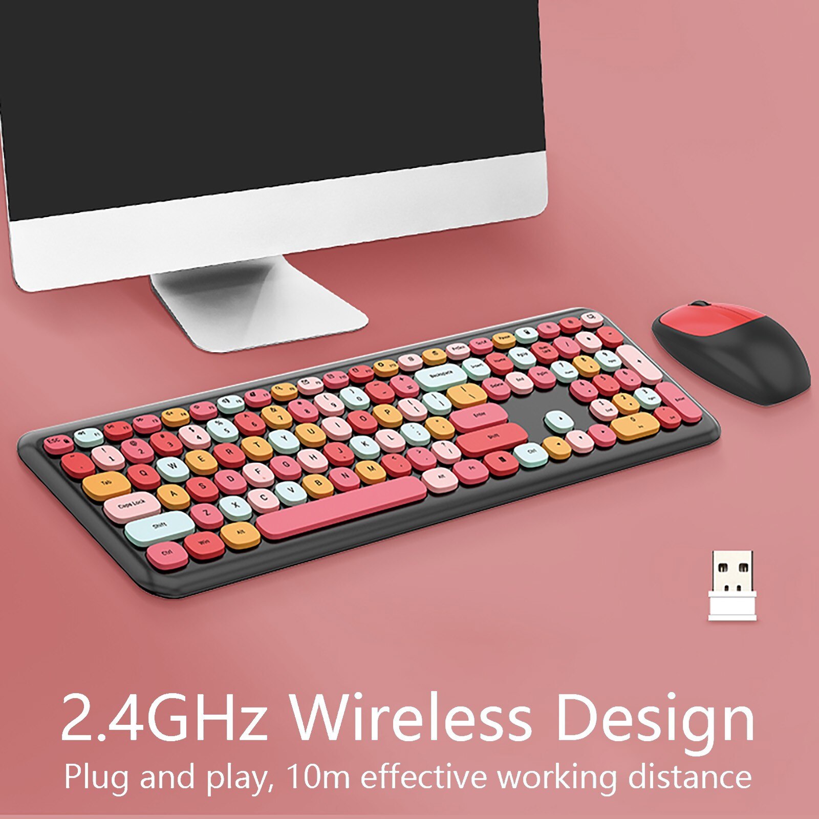 Wireless keyboard and mouse combination wireless keyboard 2.4G wireless business pink multi-color mute keyboard and mouse set: Red 