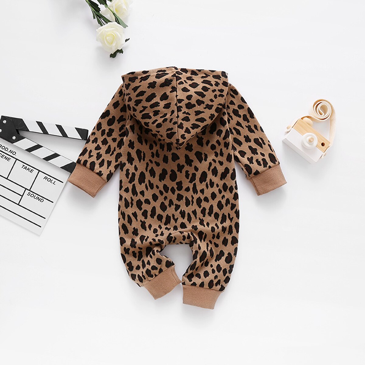 FOCUSNORM Autumn Baby Boys Leopard Rompers 0-24M Long Sleeve Hooded Zipper Jumpsuits Outfits