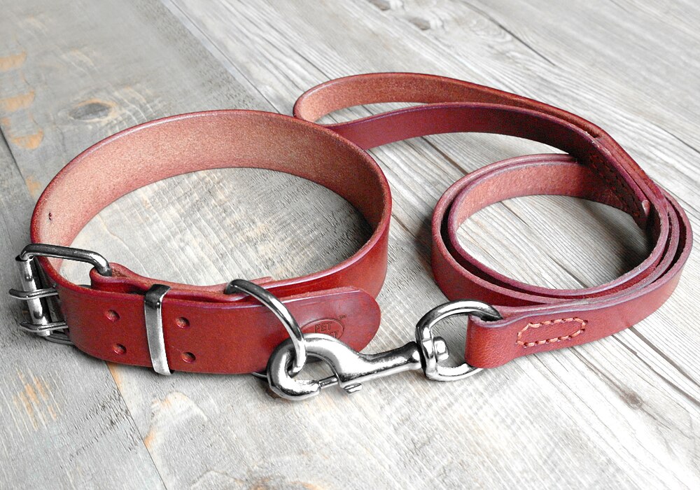 Heavy Duty Plain Leather Pet Dog Collar Leash Set Adjustable For Small Medium Large Dog Breed Pitbull Boxer Bulldog S -2XL Brown: M