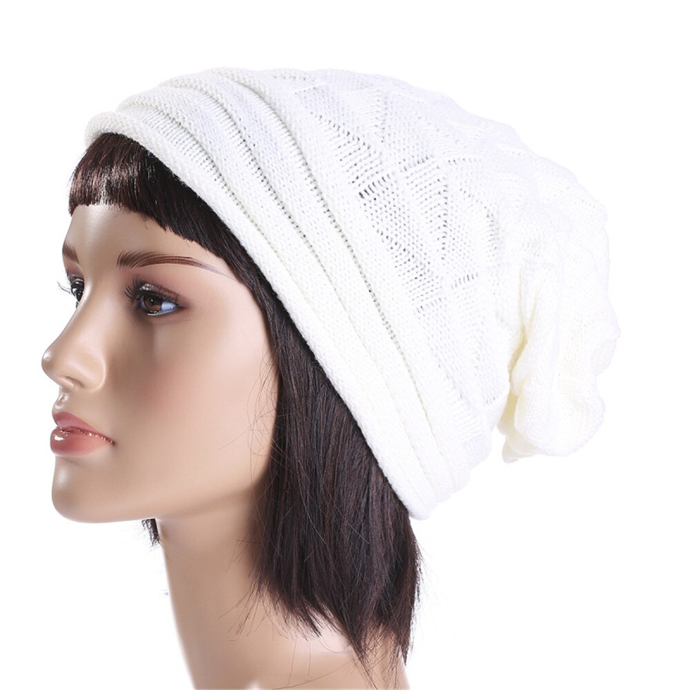 Mænd kvinder hue hue strik skihue vinter varm løs uldhue kvinde mandlige skullies elastiske baggy hæklede kasketter: Hvid