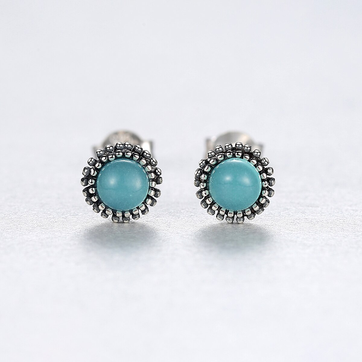 Gem & Tijd Retro Thaise Zilveren Bloem Turquoise Stud Oorbellen Voor Vrouwen Kraal Ronde Oorbellen Fijne Jewelrt Aretes De Mujer SE0422