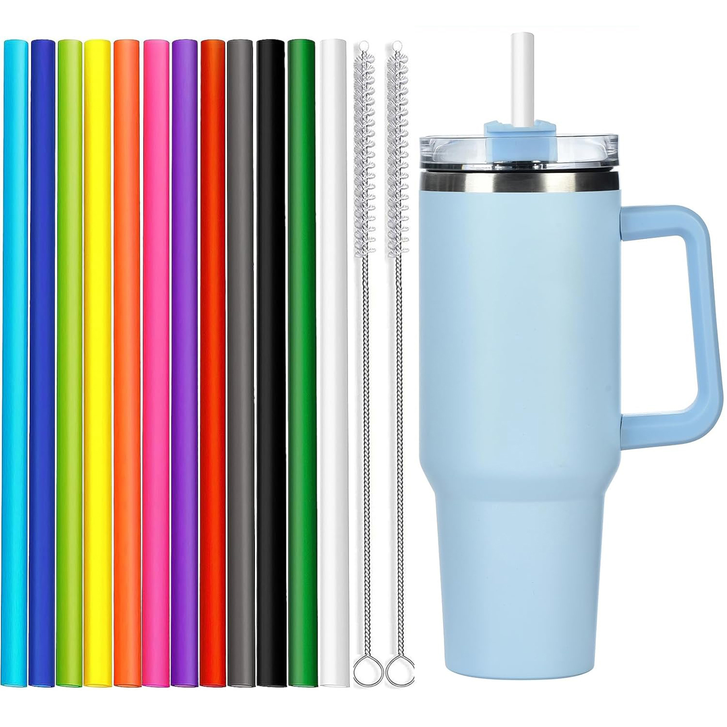 12Pcs Color Replacement Straws for Stanley 30/40 oz Tumbler , 12 in Long Reusable Plastic Straws for Stanley Cup, Plus 2 Brush: SKY BLUE