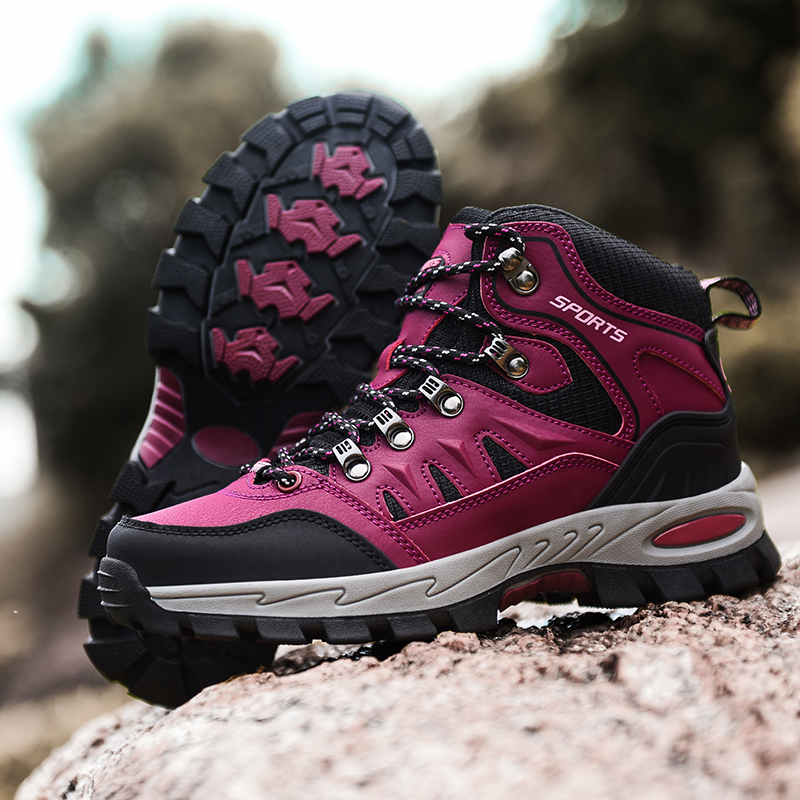 Botas de senderismo de para hombre, zapatos de Trekking de otoño e invierno, botas de cuero impermeables, botas de escalada antideslizantes para exteriores para hombre y mujer, talla 46: Rojo / 42