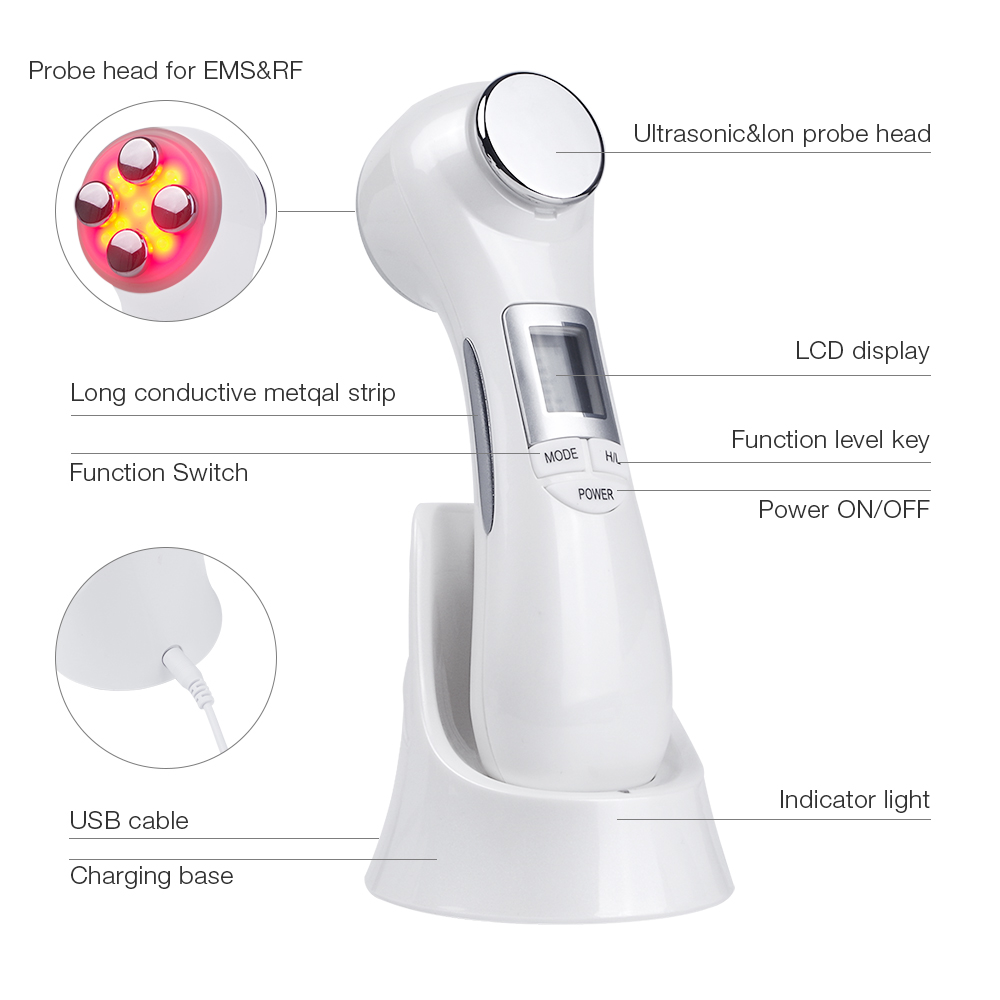 6 in 1 Mesoporation Electroporation LED Photon Therapy Beauty Device Radio Frequency Face Lifting Facial Skin Tighten Massager
