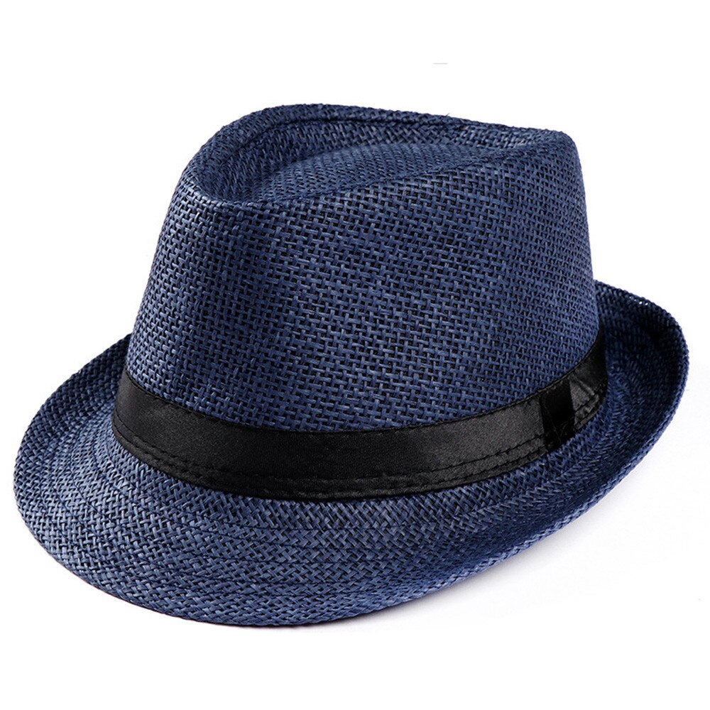 Sombrero de paja con banda para el sol para hombre y mujer, sombrero de gángster con contraste, para playa y verano: Navy