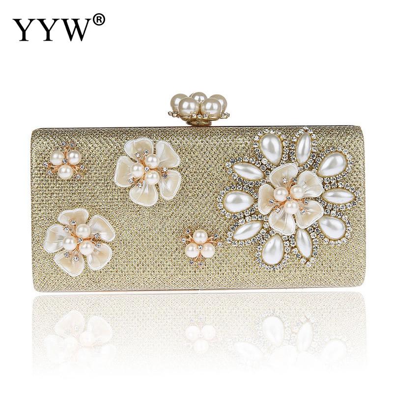 Mode Vrouwen Koppeling Zakken Met Strass Parel Trendy Wedding Bolsa Feminina Zinklegering Bloemen Mini Dag Koppelingen Luxe Tassen: gold