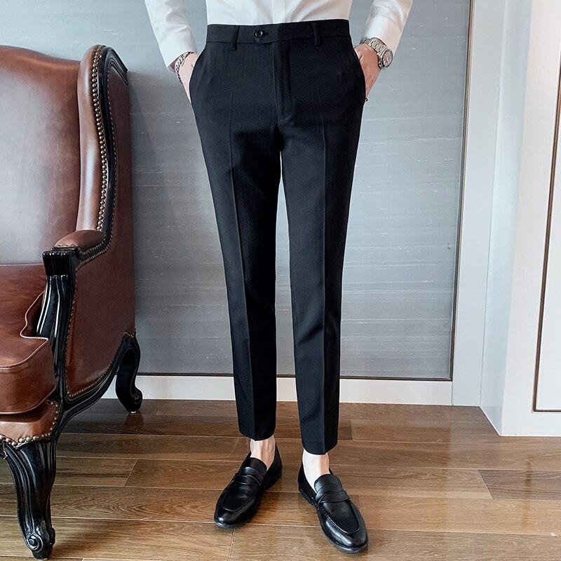 Garnitur spodnie męskie kostki w stylu jednokolorowe ślubne Pantalon męskie spodnie wizytowe nowe modne biznesowe oficjalne garnitury męskie spodnie: black / 33
