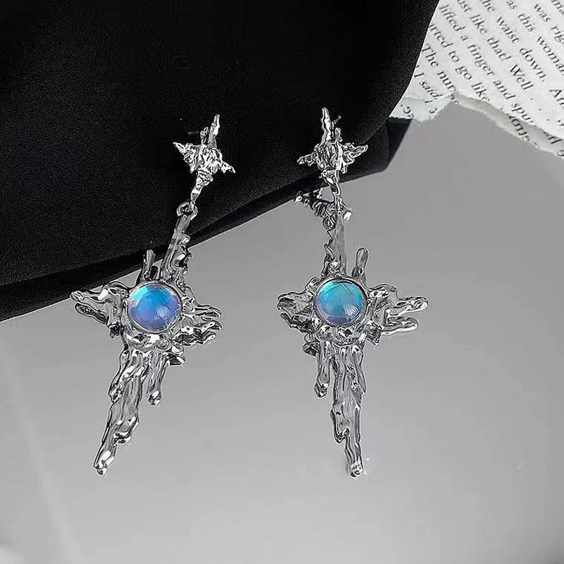 Boucles d'oreilles pendantes en pierre de lune pour femmes et filles, bijoux irréguliers en métal liquide, croix et cristaux, tendance 2023