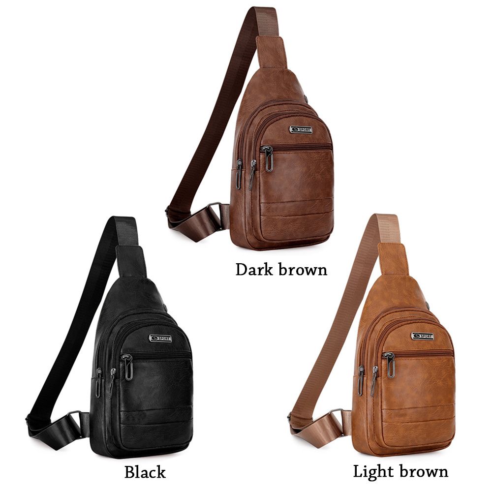 Men's Bags Leather Sling Zipper Pack Chest Shoulder Crossbody Bag