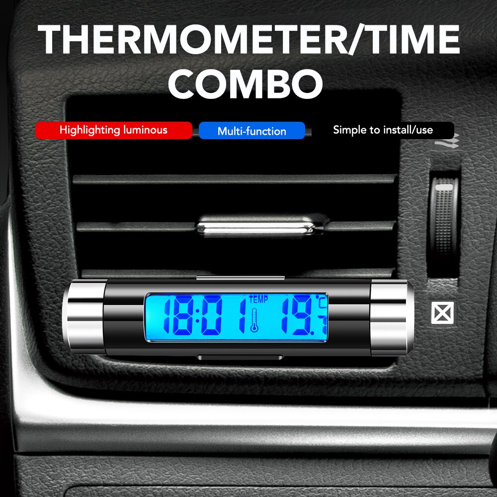 Reloj Digital LCD portátil 2 en 1 para coche, pantalla de temperatura, termómetro, retroiluminación azul automotriz con Clip