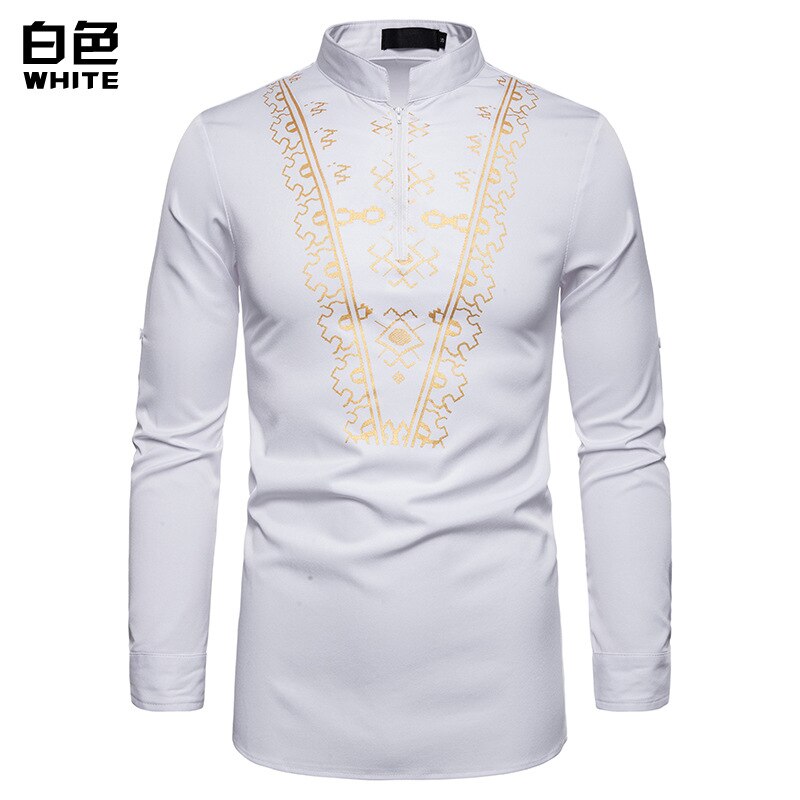 3 farben herren-Casual Shirt Drucken Totem Lange Hemd Afrikanische Wind Shirt: White / XXL