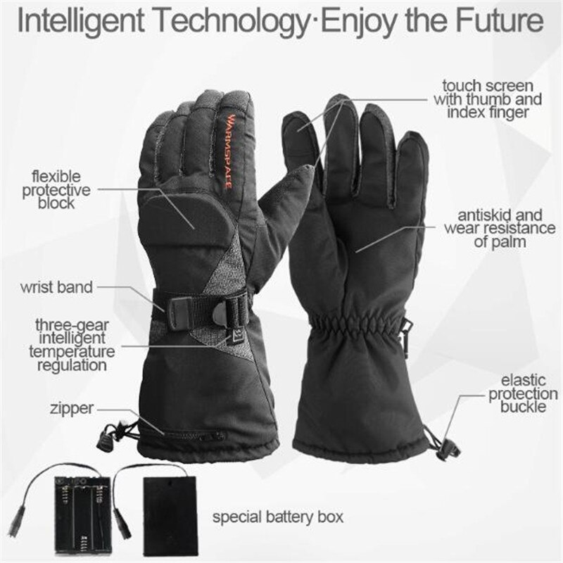 Smart Electric Heating Gloves,3M Waterproof 6xAA Battery Self Heated 5-Fingers/Hand Back,3 gear Warm 6H Touch Screen Ski Gloves