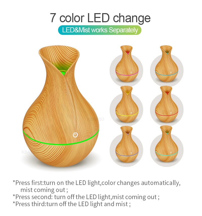 Aroma diffuser met essentiële olie, superluchtbevochtiger met houtnerf, 7 kleuren led-verlichting voor thuiskantoor