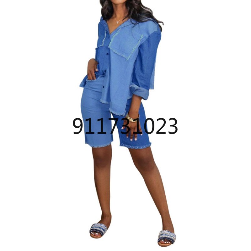 Sales High-end Denim Set Young Daily Free Sweet Solid Full Sleeve Group Knee Length Slim Women 2 Piece Set