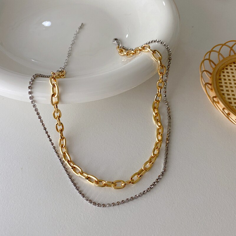 Peri'sbox guld sølvfarvet blandet chunky kæde halskæder rhinestone tennis kæde halskæder til kvinder erklæring lag halskæde: Default Title