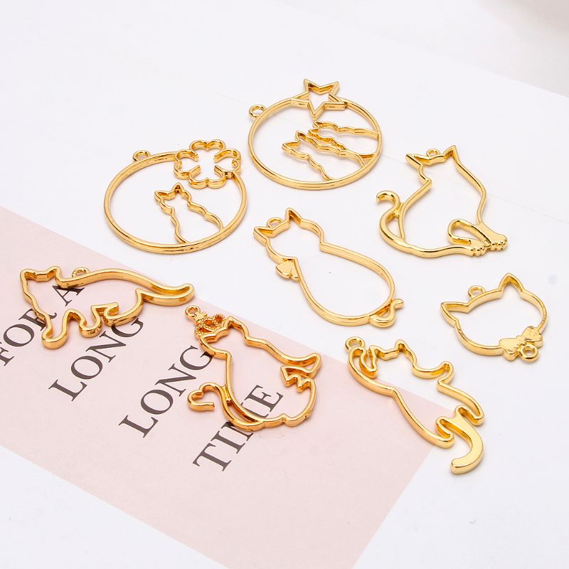 8Pcs Nette Katze Anhänger Metall Rahmen Schmuck Machen UV Harz Charme Lünette Einstellung Cabochon UV Harz Charme