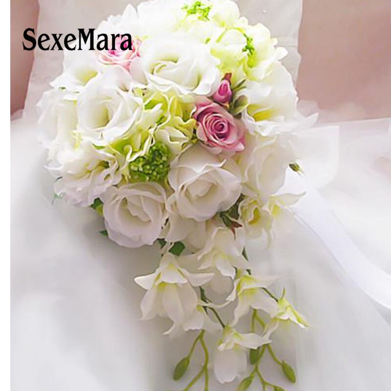 white Buque De Noiva Wedding BouquetsWater shaped bride holding flower waterfall hand flower wedding