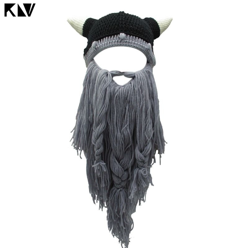 Voksen skør sjov halloween cosplay strikket viking skæg horn hat skimaske barbar vagabond vintage beanie cap vinter varmere: -en