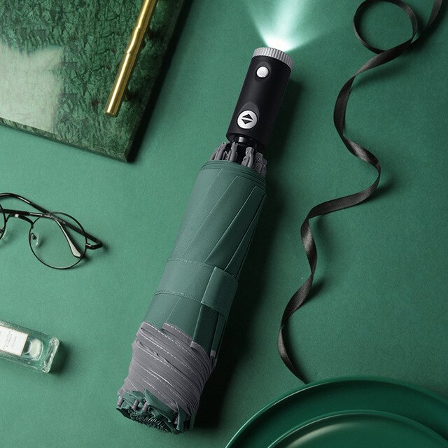 Windproof Double Layer Resistant Umbrella Fully Automatic Rain Men Women 10K Strong Luxury Business Male Large Umbrellas Parasol: LED green