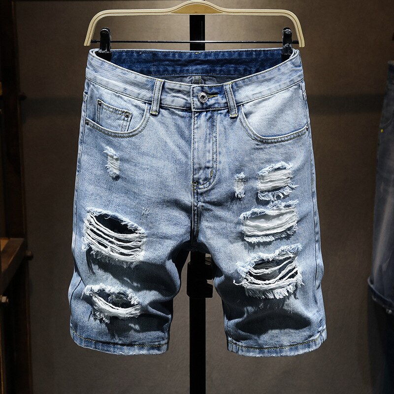 Summer Men Holes Denim Shorts Light Blue Short Jeans Good Men Knee Length Jeans Shorts Large Size Straight Jeans: 32