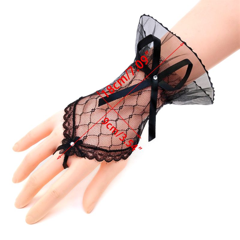 Bridal Wedding Short Fingerless Gloves Rhinestone Bowknot Sheer Lace Mittens