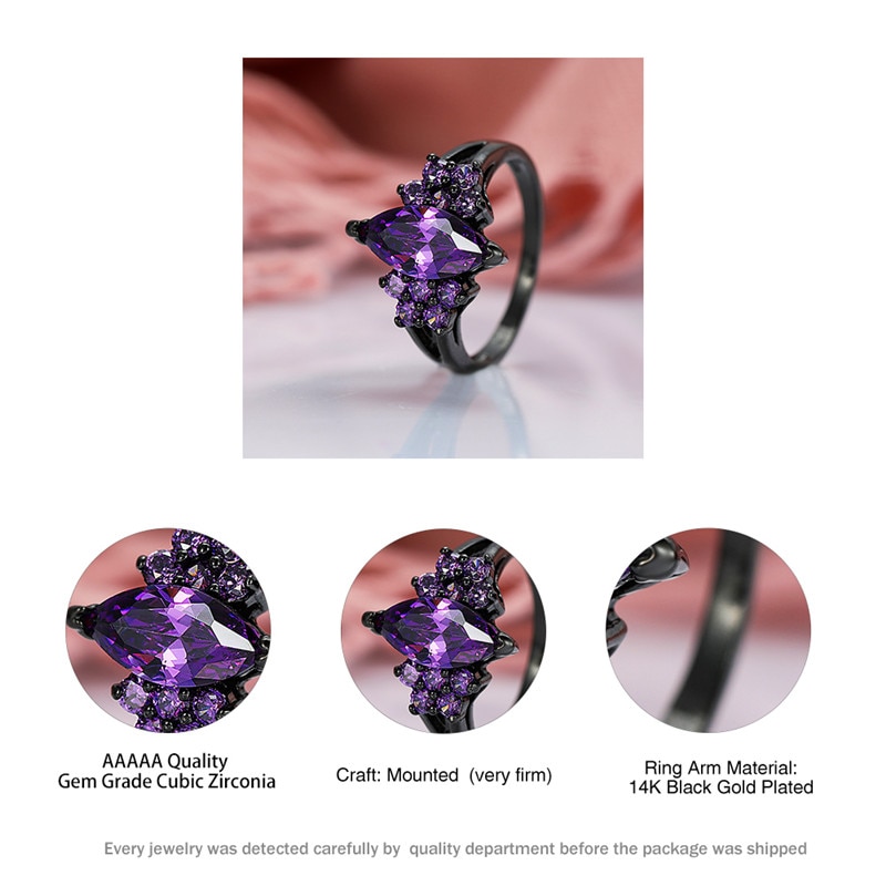 Female Small Purple Stone Ring Vintage Black Gold Wedding Rings For Women Promise Love Engagement Ring