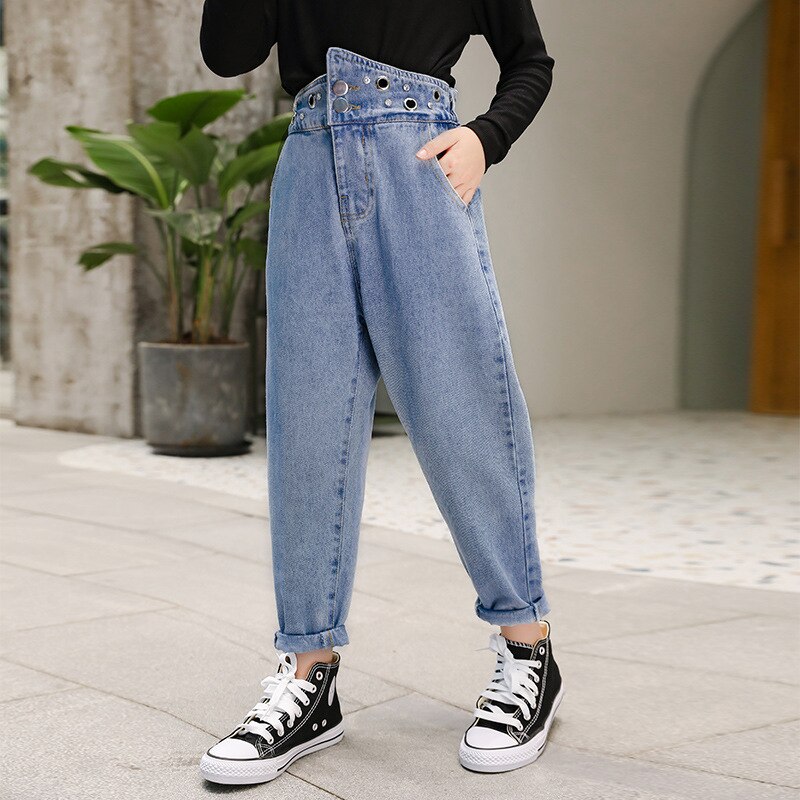 Barn flicka hög midja nit jeans 10 to 12 år raka lösa byxor vår höst tonåring tjejer outfit: 10