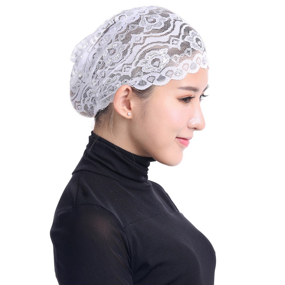 Vrouwen Moslim Stretch Kant Tulband Hoed Chemo Cap Haaruitval Hoofd Sjaal Wrap Cap: White 