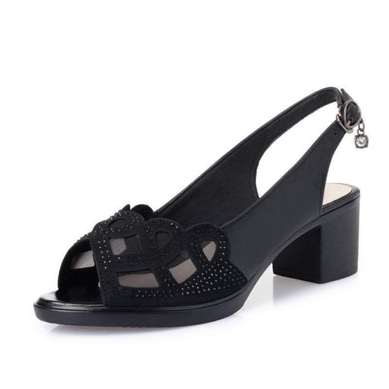 Para Mujer Sandalias de tacón grueso con hebilla de palabra negra con fondo suave hueco para mamá, zapatos de malla, novedad de verano 35-40