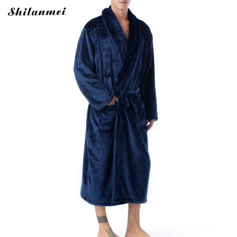 Afslappet mandlig morgenkåbe herre badekåber langærmet revers krave herre flannel morgenkåbe med bælte plys kimono varm mandlig badekåbe frakke
