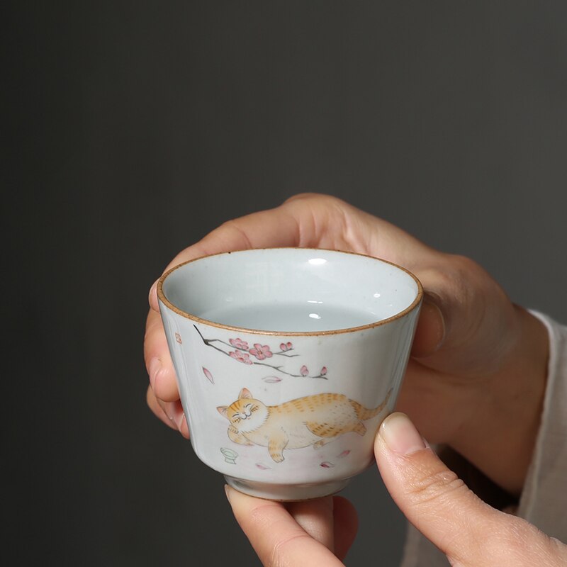 100ml Hand Painted Cat Teacup Ceramic Pottery Cup Chinese Kung Fu Master Cup Tea Bowl Household Tea Cups Drinkware Teaware Decor