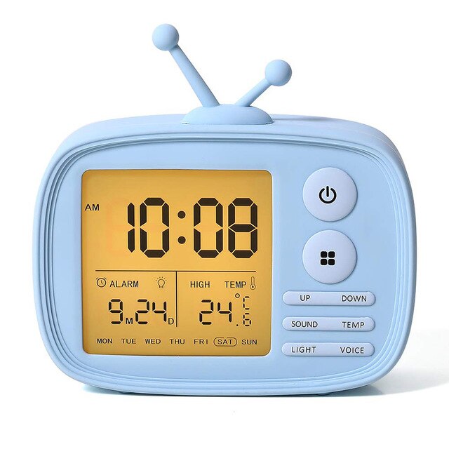USB Rechargeable Retro TV Set Alarm Clock Digital Clocks LED Time Temperature Date Week Display Alarm Clock: Blue