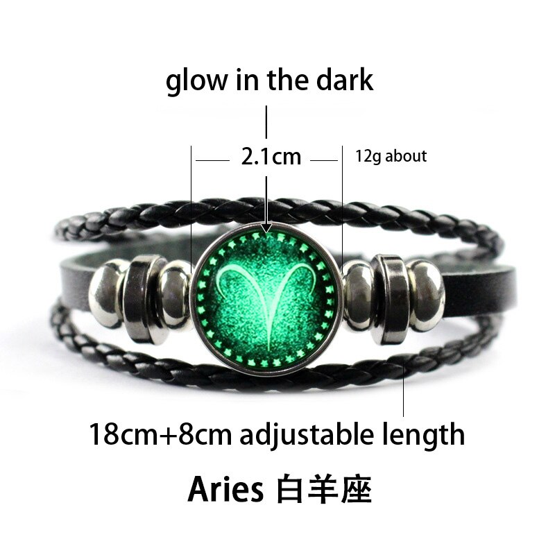Luminous 12 Constellation Glow In The Dark Bracelet Men Leather Glowing Night Fluorescence Charm Bracelets for Halloween: Aries