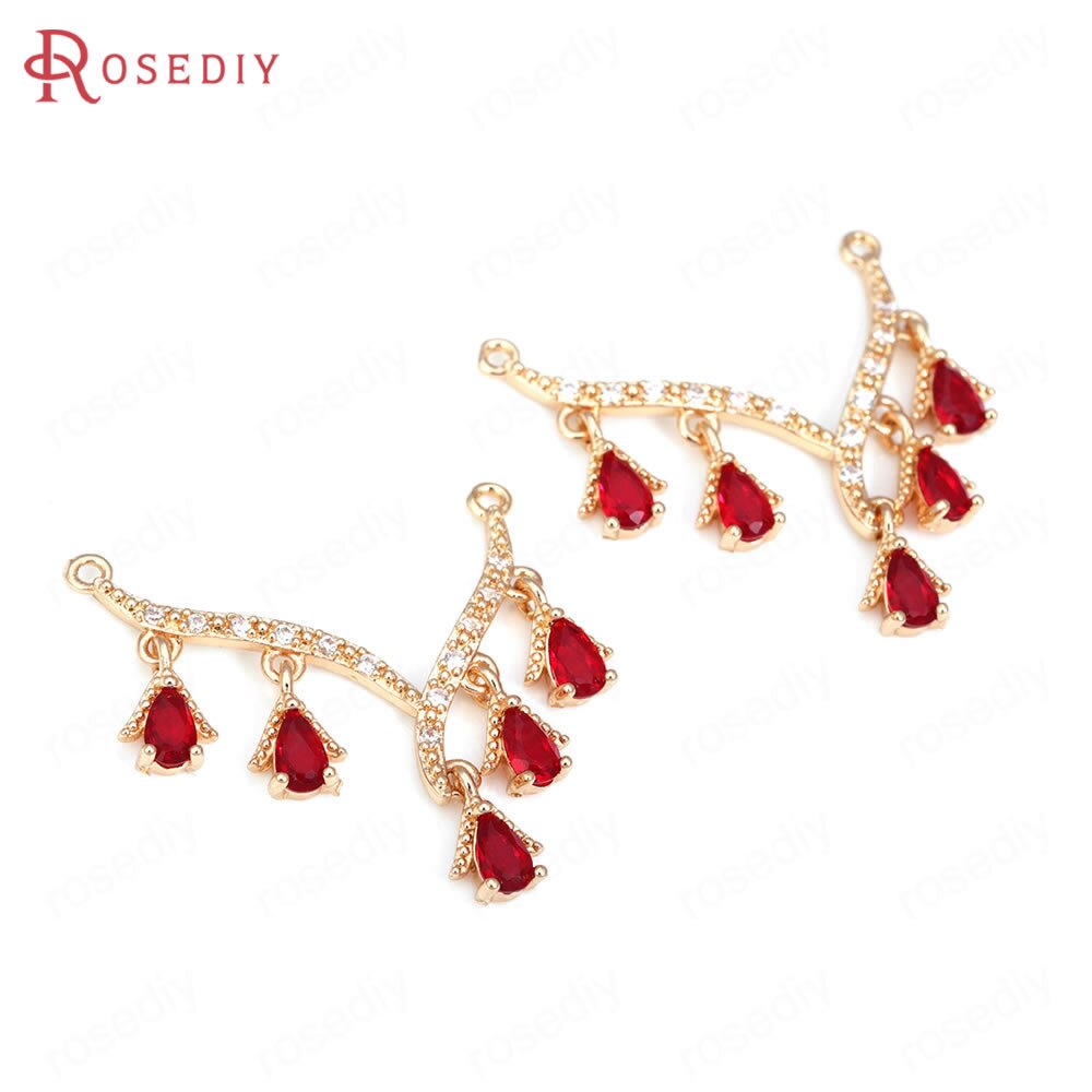 Breloques en laiton et Zircon couleur Champagne or, 2 trous en forme de V, pendentifs, fournitures pour la fabrication de bijoux, accessoires de bricolage: 42693-Red