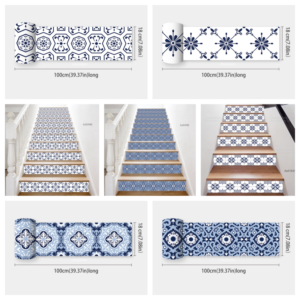 Minimalistische blauwe bloemen trapsticker, zelfklevende trapbekleding, duurzame decoratie voor binnentrappen, plintstickers, muurschilderingstickers.