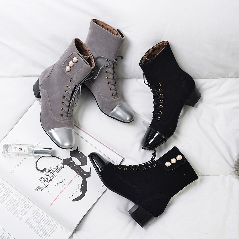 -stijl vierkante neus dames parel laarzen vierkante hak herfst winter streetwear dames laarzen  v897
