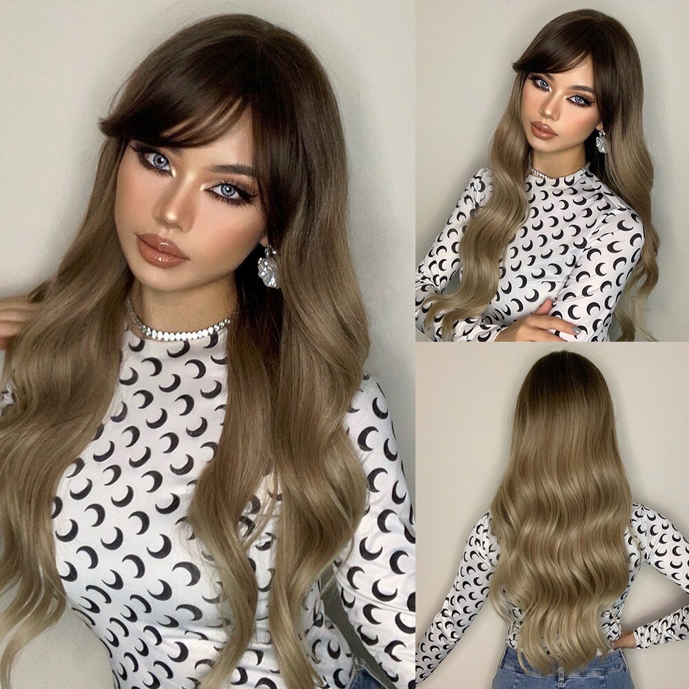 JONRENAU Long Wavy Brown to Light Brown Ombre Synthetic Wigs Partial Fringe Natural for Women Daily Party Wig Heat Resistant: 237-4