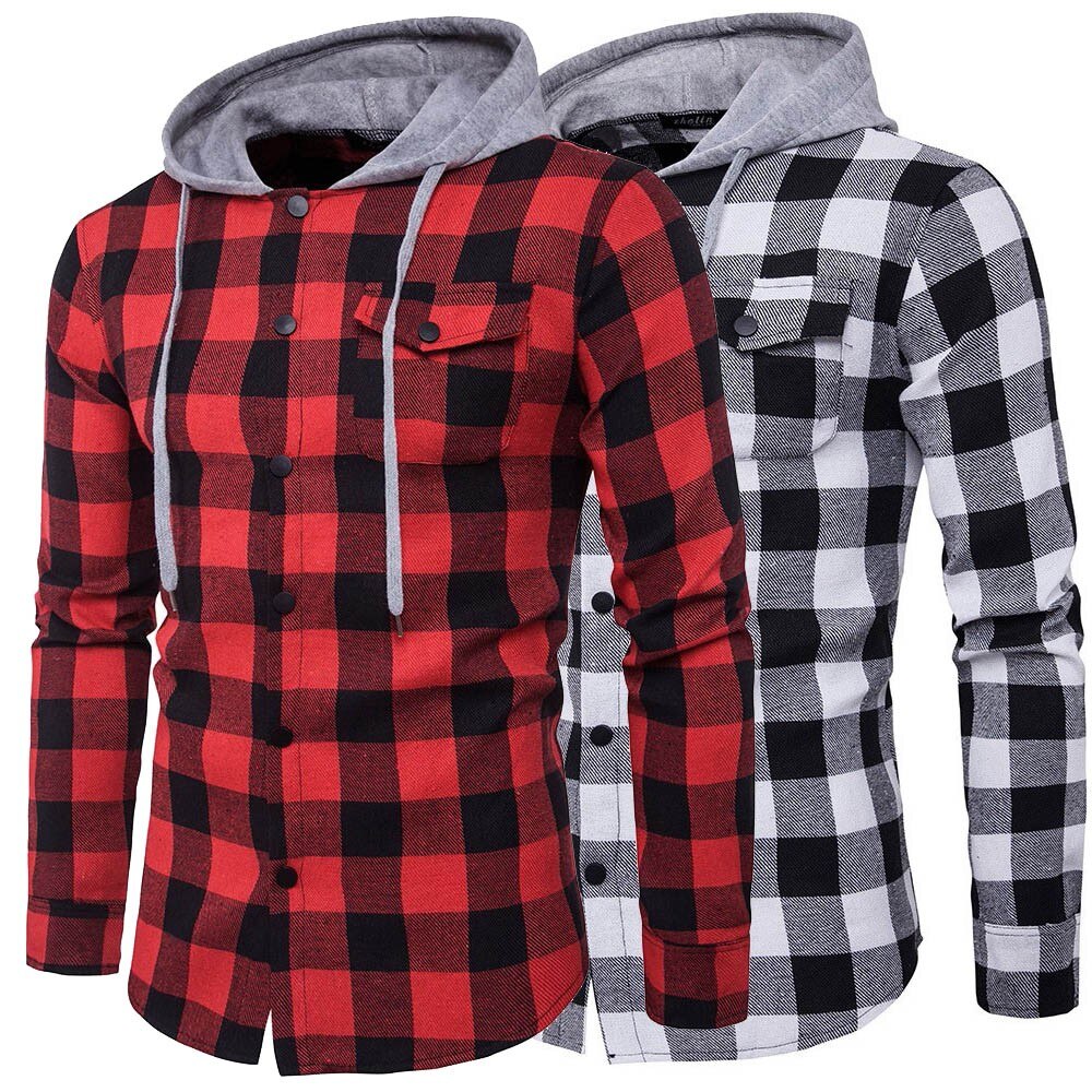 Camisa vaquera con capucha a cuadros para hombre, camisa informal de manga larga a cuadros, a la , corte entallado