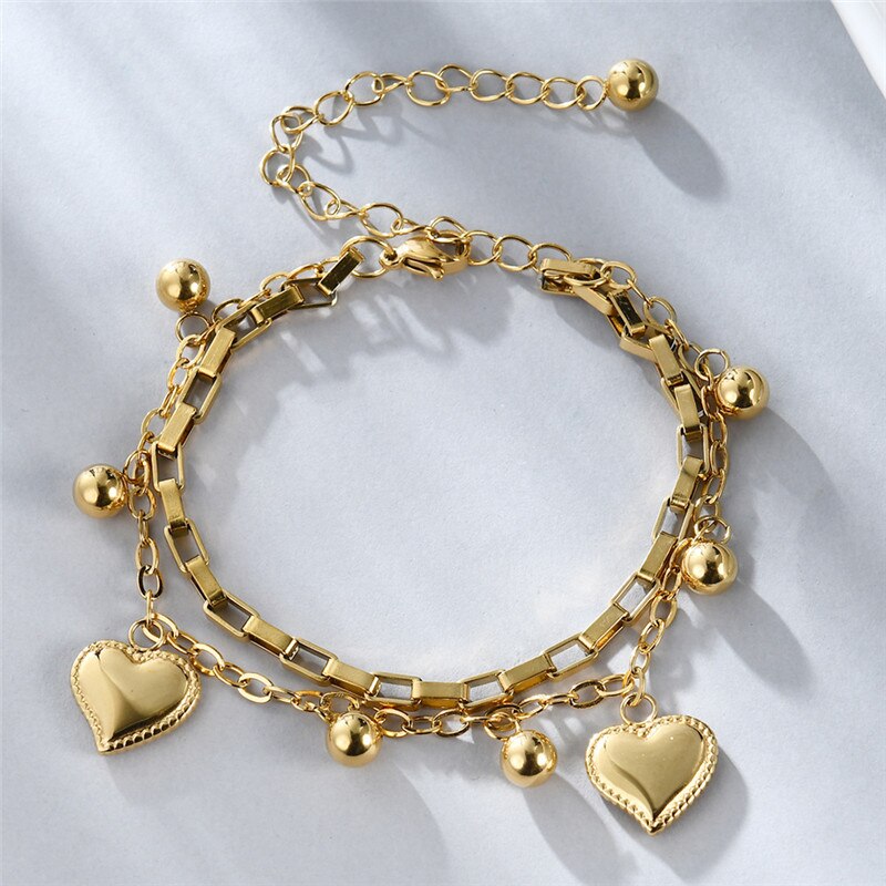 ZORCVENS Gold Silver Color Stainless Steel Bracelets for Women Multi-layer Stylish Heart Charm Wedding Bracelets